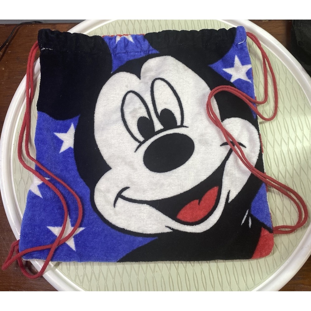 Disney Mickey Mouse Kohl's Terry Cloth‎ Kids Tote Beach Bag Drawstring USA Flag